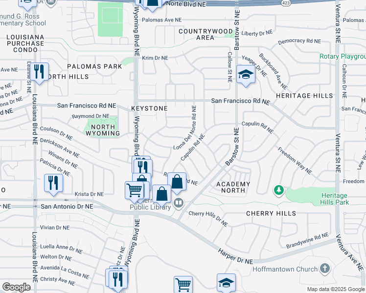 map of restaurants, bars, coffee shops, grocery stores, and more near 8200 Colfax Avenue Northeast in Albuquerque