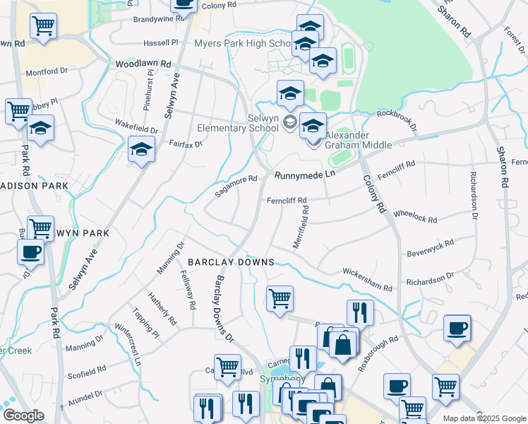 map of restaurants, bars, coffee shops, grocery stores, and more near 3635 Barclay Downs Drive in Charlotte