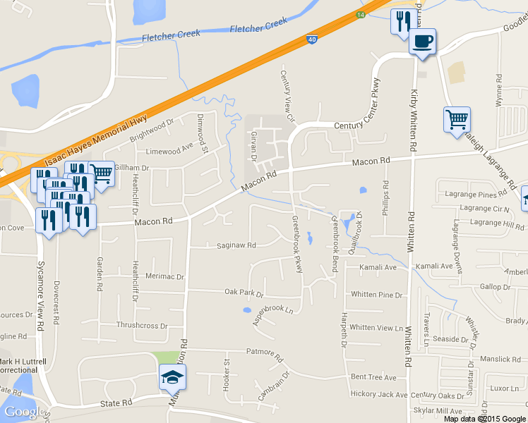map of restaurants, bars, coffee shops, grocery stores, and more near 6528 Baybrook Lane in Memphis