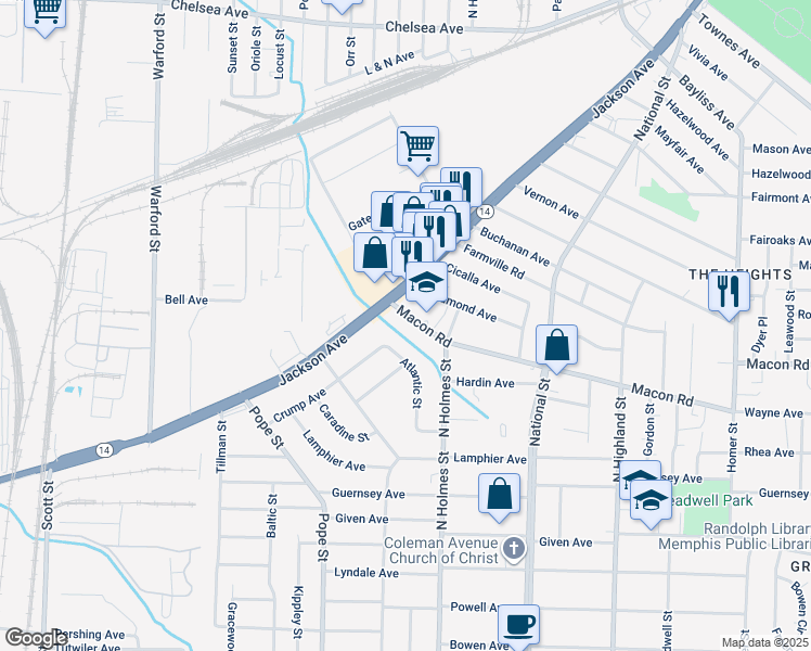 map of restaurants, bars, coffee shops, grocery stores, and more near 1112 Atlantic Street in Memphis