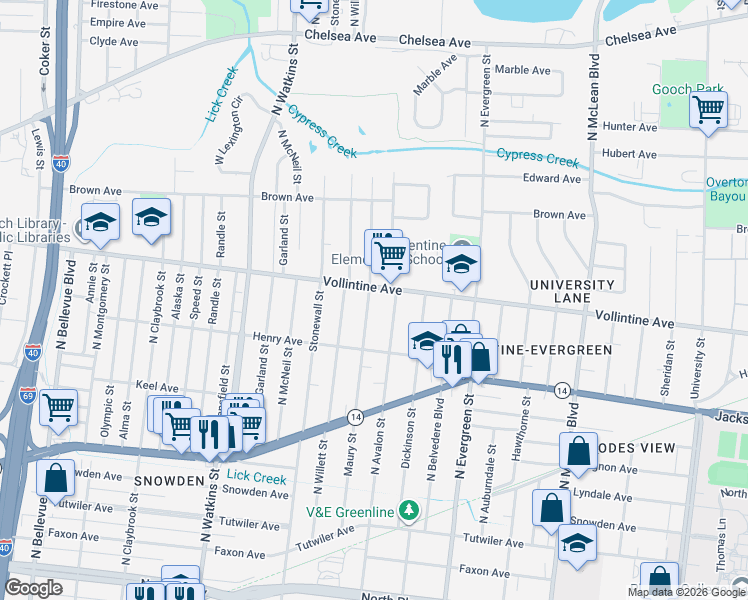 map of restaurants, bars, coffee shops, grocery stores, and more near 899 North Avalon Street in Memphis