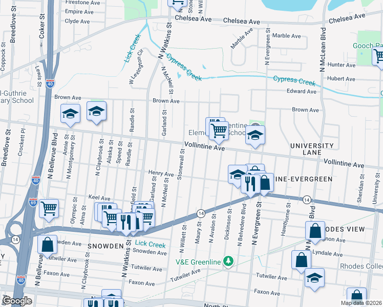 map of restaurants, bars, coffee shops, grocery stores, and more near 894 North Willett Street in Memphis