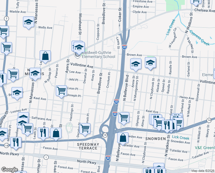 map of restaurants, bars, coffee shops, grocery stores, and more near 854 Crockett Place in Memphis