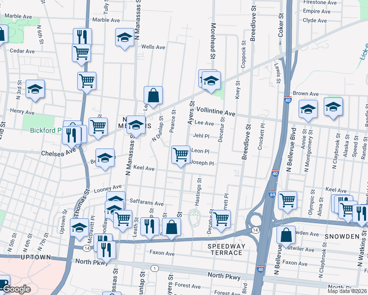 map of restaurants, bars, coffee shops, grocery stores, and more near 922 Joseph Place in Memphis