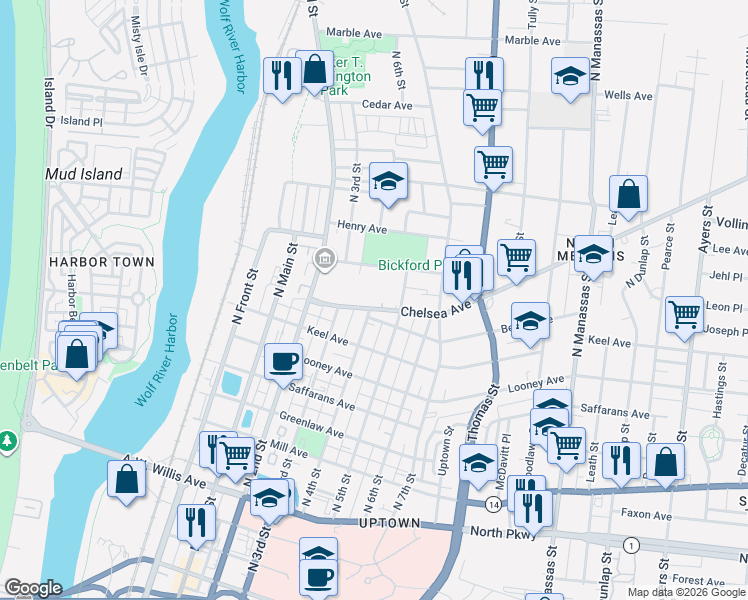 map of restaurants, bars, coffee shops, grocery stores, and more near 247 Chelsea Avenue in Memphis
