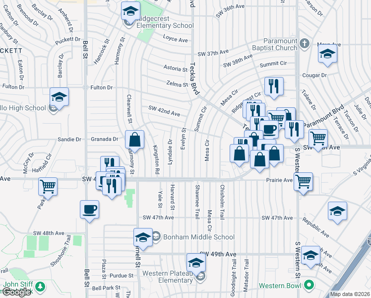 map of restaurants, bars, coffee shops, grocery stores, and more near 4431 Evelyn Street in Amarillo