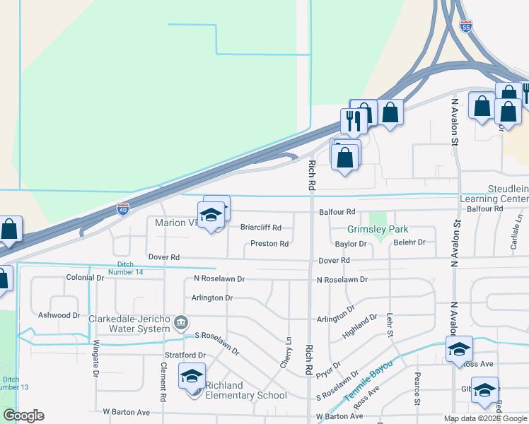map of restaurants, bars, coffee shops, grocery stores, and more near 913 Balfour Road in West Memphis