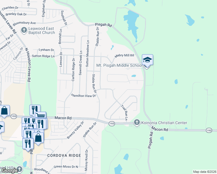 map of restaurants, bars, coffee shops, grocery stores, and more near 10396 Trail Hill Lane in Shelby County