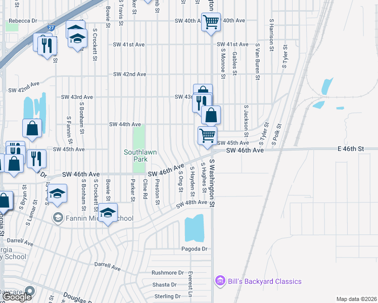 map of restaurants, bars, coffee shops, grocery stores, and more near 4601 South Hayden Street in Amarillo