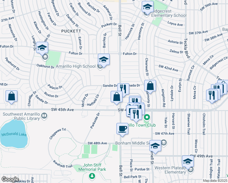 map of restaurants, bars, coffee shops, grocery stores, and more near 4402 Bell Street in Amarillo