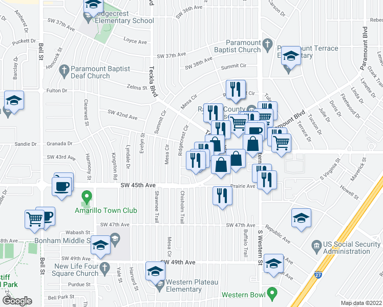 map of restaurants, bars, coffee shops, grocery stores, and more near 4421 Ridgecrest Circle in Amarillo