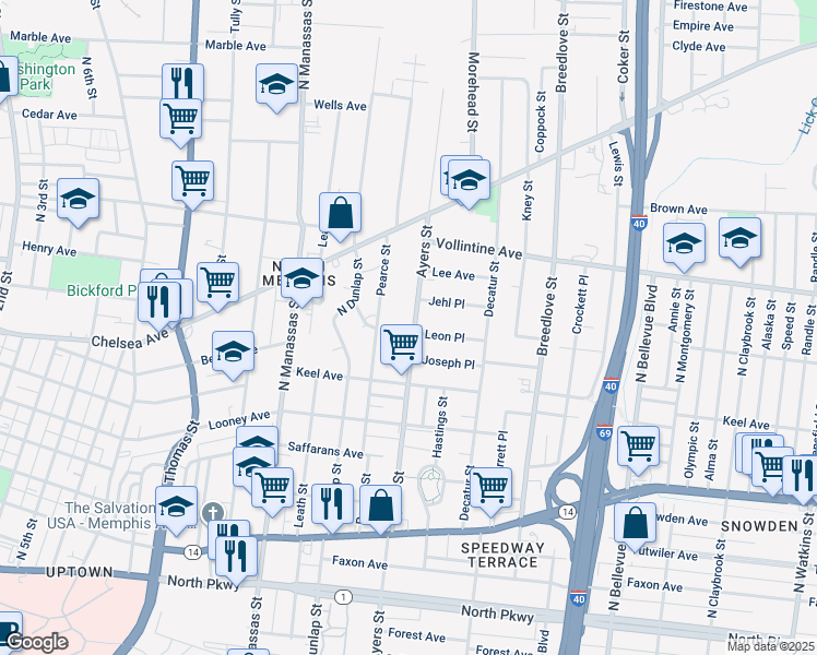 map of restaurants, bars, coffee shops, grocery stores, and more near 922 Joseph Place in Memphis