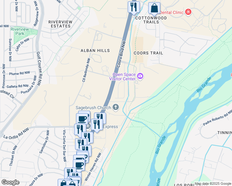 map of restaurants, bars, coffee shops, grocery stores, and more near 3140 Brian Meadows Place Northwest in Albuquerque