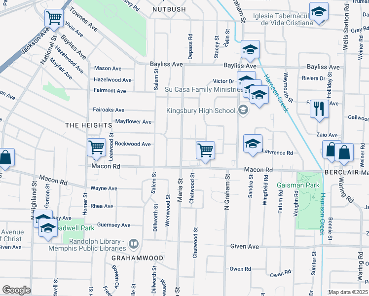 map of restaurants, bars, coffee shops, grocery stores, and more near 1176 Maria Street in Memphis