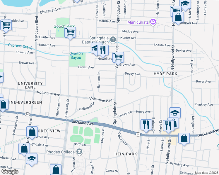 map of restaurants, bars, coffee shops, grocery stores, and more near 2169 Berkeley Avenue in Memphis