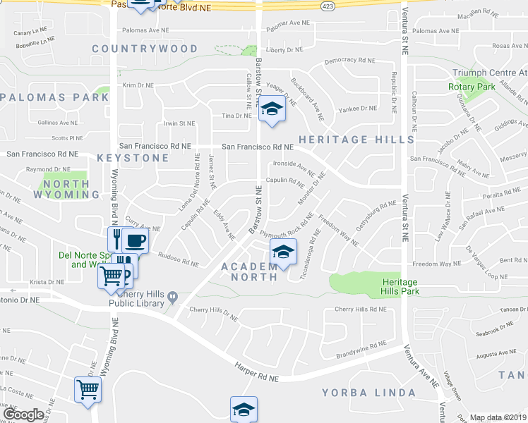 map of restaurants, bars, coffee shops, grocery stores, and more near 7409 Mayflower Road Northeast in Albuquerque