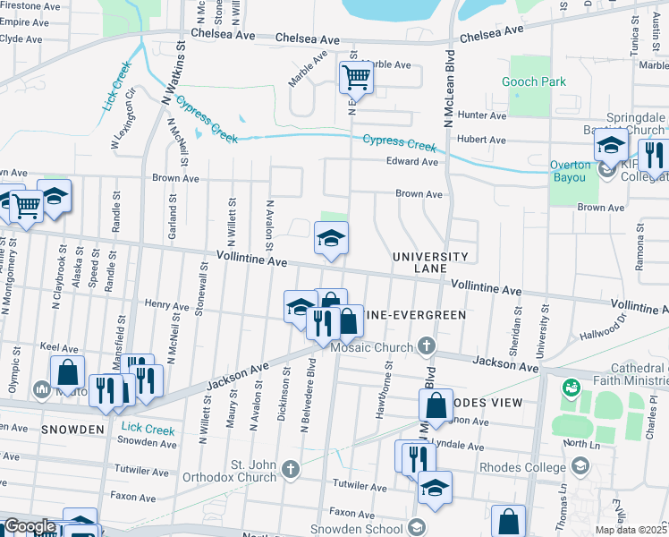 map of restaurants, bars, coffee shops, grocery stores, and more near 1682 Vollintine Avenue in Memphis