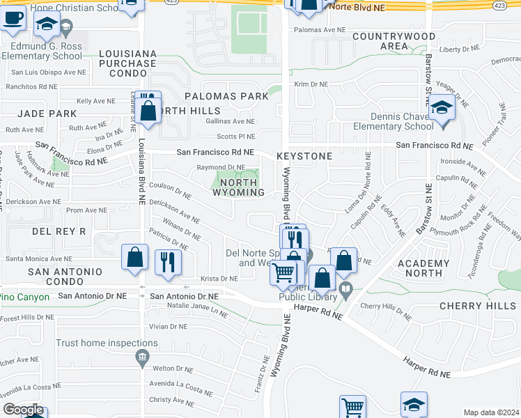 map of restaurants, bars, coffee shops, grocery stores, and more near 7801 Cll De Cobre Northeast in Albuquerque