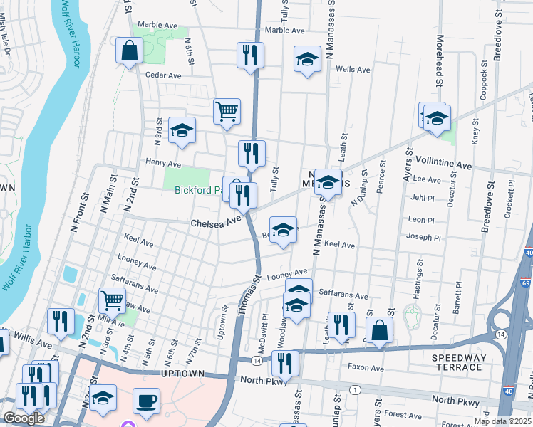 map of restaurants, bars, coffee shops, grocery stores, and more near 654 Chelsea Avenue in Memphis