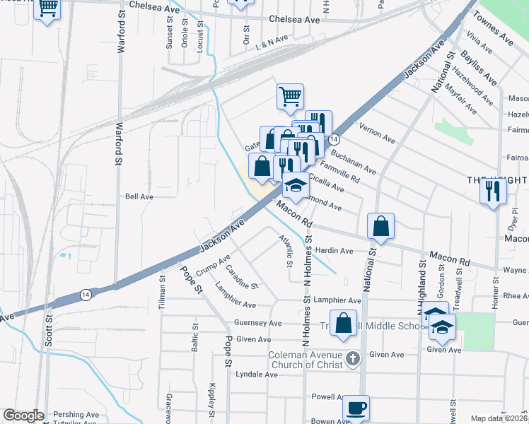 map of restaurants, bars, coffee shops, grocery stores, and more near in Memphis