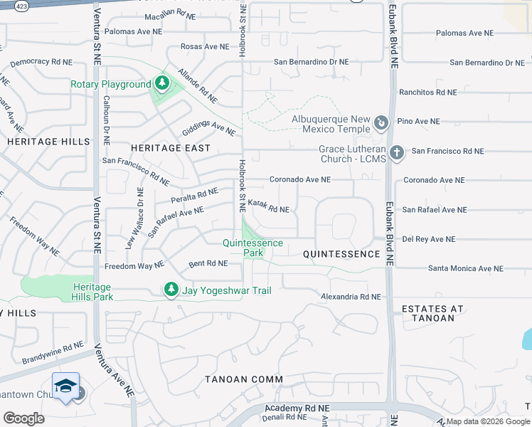 map of restaurants, bars, coffee shops, grocery stores, and more near 7415 Sandia Glow Court Northeast in Albuquerque