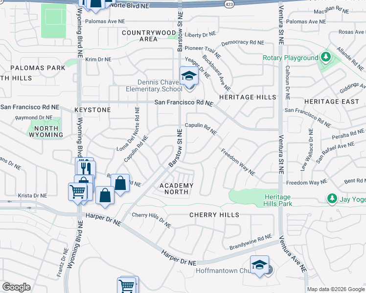 map of restaurants, bars, coffee shops, grocery stores, and more near 7409 Mayflower Road Northeast in Albuquerque