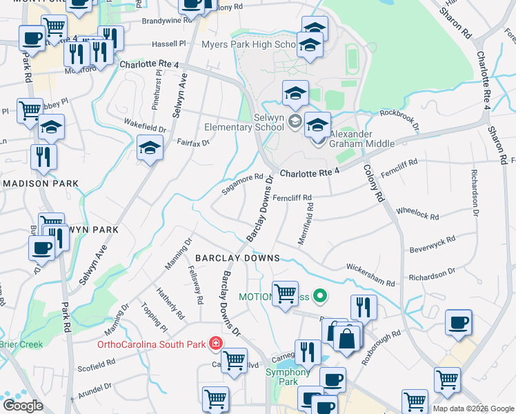 map of restaurants, bars, coffee shops, grocery stores, and more near 3526 Barclay Downs Drive in Charlotte