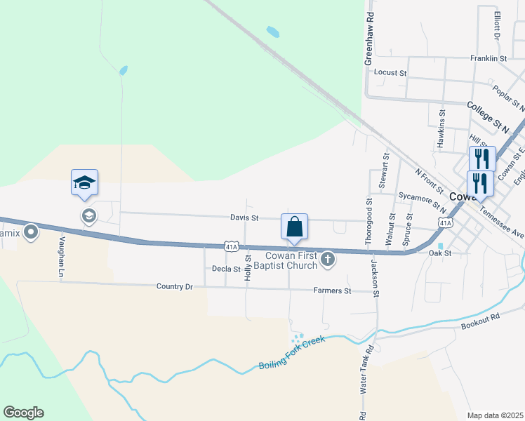 map of restaurants, bars, coffee shops, grocery stores, and more near 413 Davis Street in Cowan