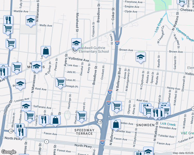 map of restaurants, bars, coffee shops, grocery stores, and more near 905 Breedlove Street in Memphis
