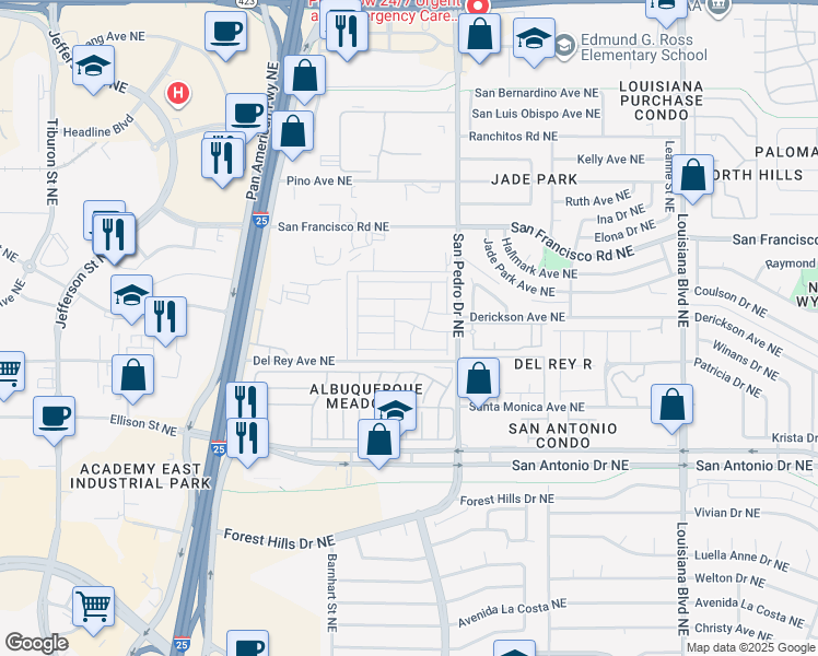 map of restaurants, bars, coffee shops, grocery stores, and more near 7401 San Pedro Drive Northeast in Albuquerque
