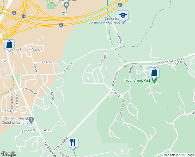 map of restaurants, bars, coffee shops, grocery stores, and more near 3231 Merryvale Lane in Flagstaff