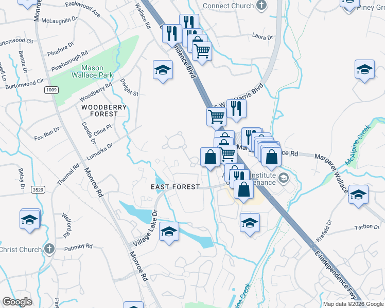 map of restaurants, bars, coffee shops, grocery stores, and more near 2244 Winthrop Chase Drive in Charlotte