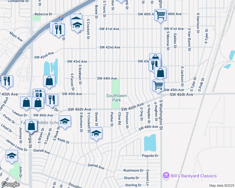 map of restaurants, bars, coffee shops, grocery stores, and more near 4401 Parker Street in Amarillo