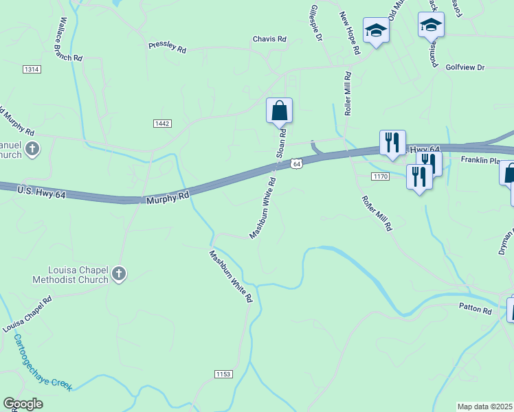 map of restaurants, bars, coffee shops, grocery stores, and more near 10 Bert Waldroop Road in Franklin
