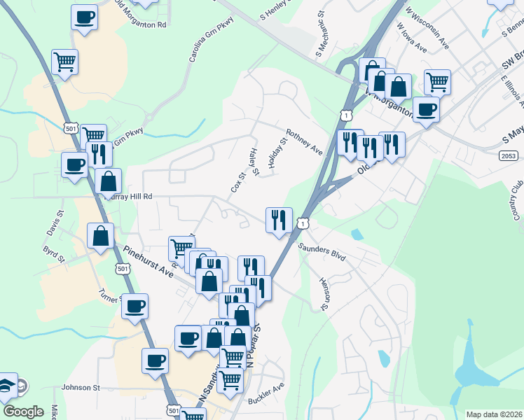map of restaurants, bars, coffee shops, grocery stores, and more near 135 Murray Hill Road in Southern Pines