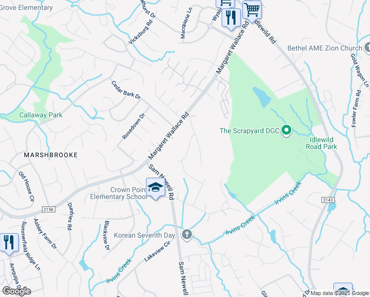 map of restaurants, bars, coffee shops, grocery stores, and more near 3601 Straussburg Woods Lane in Matthews