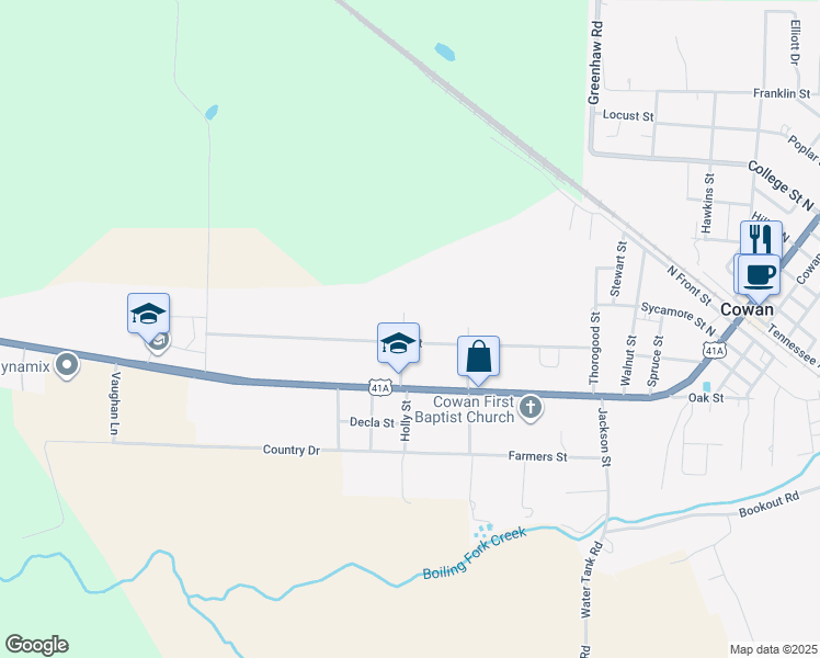 map of restaurants, bars, coffee shops, grocery stores, and more near 413 Davis St in Cowan