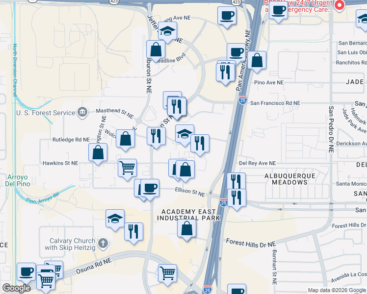 map of restaurants, bars, coffee shops, grocery stores, and more near 5121 Masthead Street Northeast in Albuquerque
