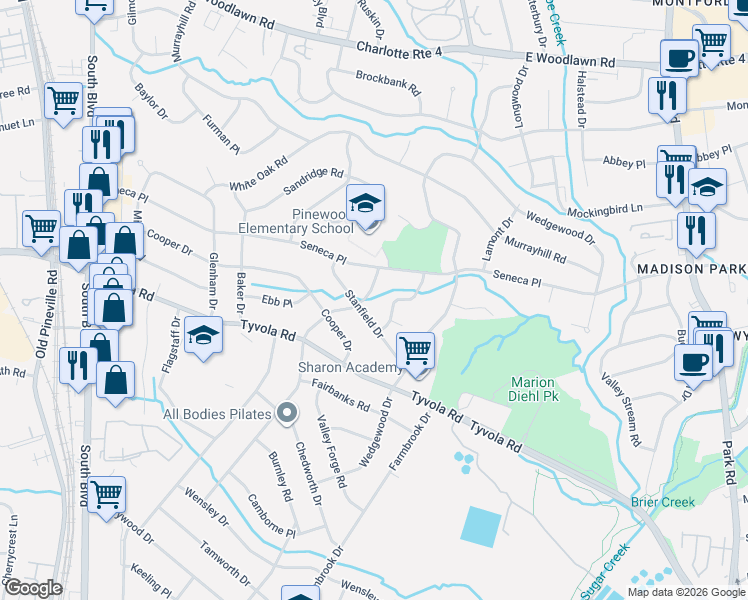map of restaurants, bars, coffee shops, grocery stores, and more near 4913 Seacroft Road in Charlotte