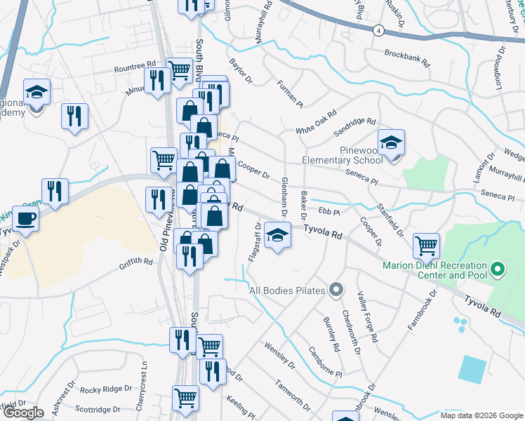 map of restaurants, bars, coffee shops, grocery stores, and more near 5438 Milford Road in Charlotte
