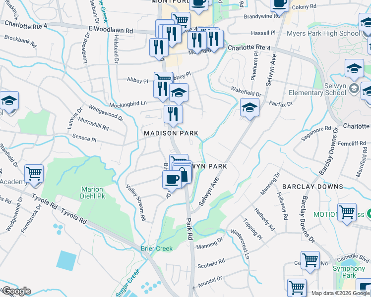 map of restaurants, bars, coffee shops, grocery stores, and more near 4923 Park Road in Charlotte
