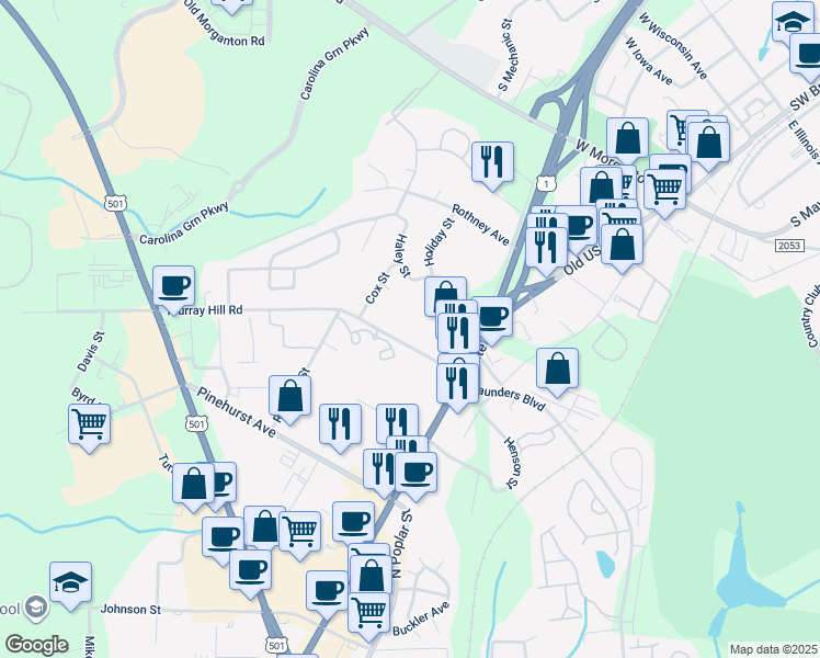 map of restaurants, bars, coffee shops, grocery stores, and more near 135 Murray Hill Road in Southern Pines