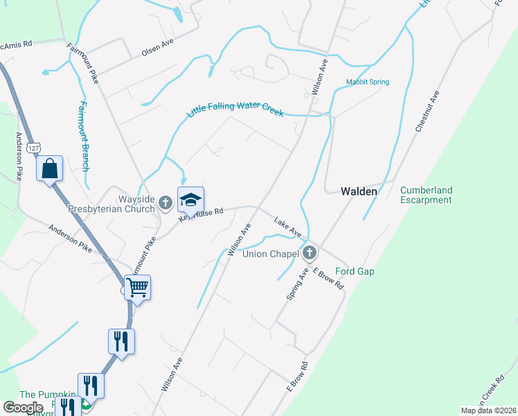 map of restaurants, bars, coffee shops, grocery stores, and more near Wilson Avenue in Signal Mountain
