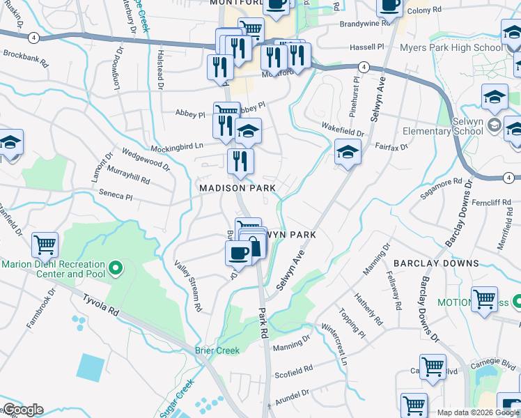 map of restaurants, bars, coffee shops, grocery stores, and more near in Charlotte