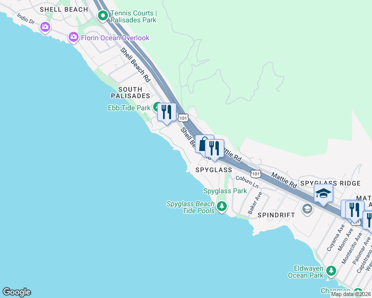 map of restaurants, bars, coffee shops, grocery stores, and more near 2727 Shell Beach Road in Pismo Beach