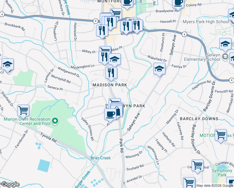 map of restaurants, bars, coffee shops, grocery stores, and more near in Charlotte