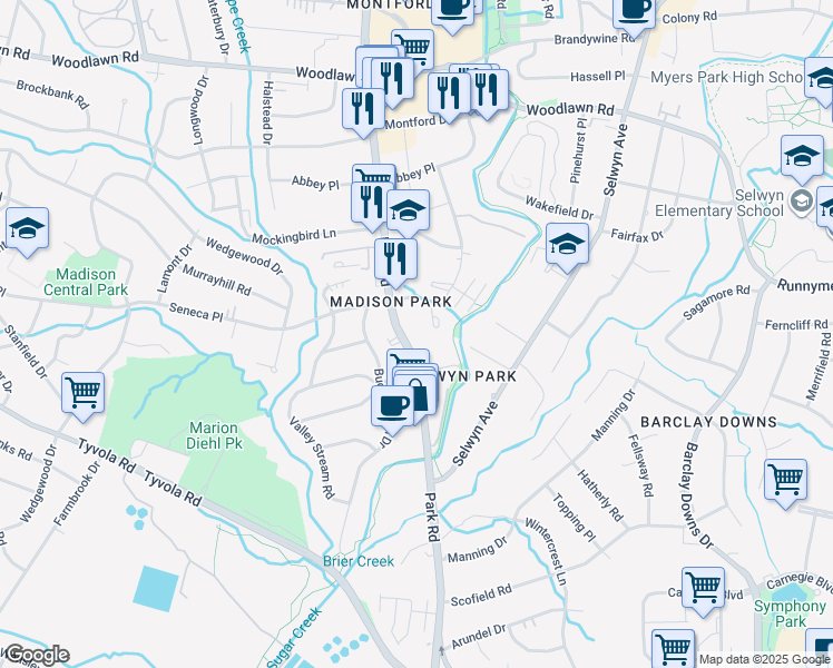 map of restaurants, bars, coffee shops, grocery stores, and more near 4921 Park Road in Charlotte