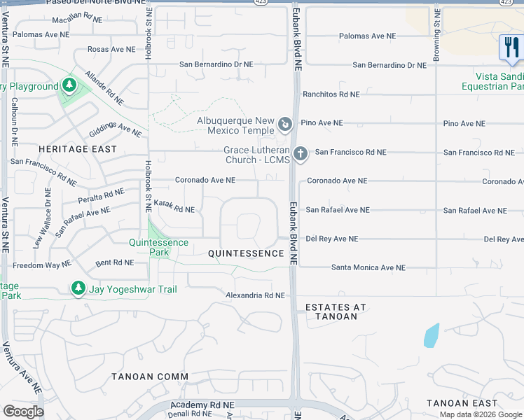 map of restaurants, bars, coffee shops, grocery stores, and more near 11204 Amman Avenue Northeast in Albuquerque