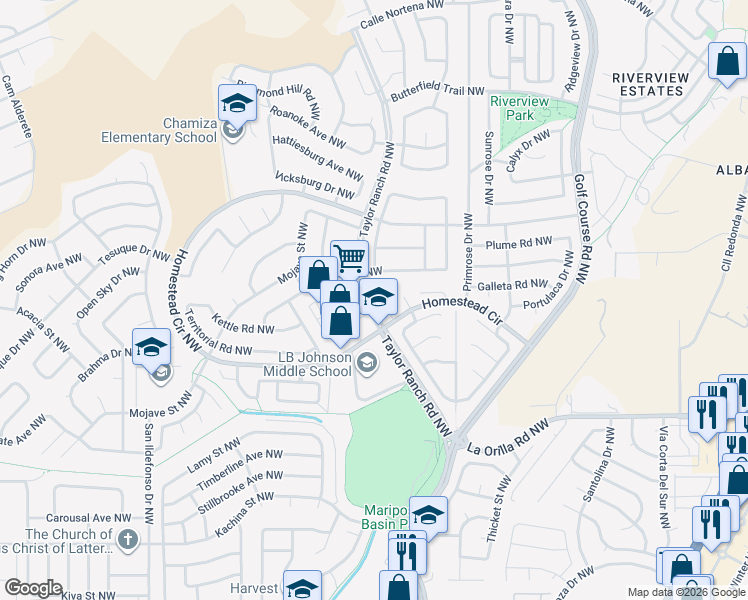 map of restaurants, bars, coffee shops, grocery stores, and more near 5100 Sooner Trail Northwest in Albuquerque