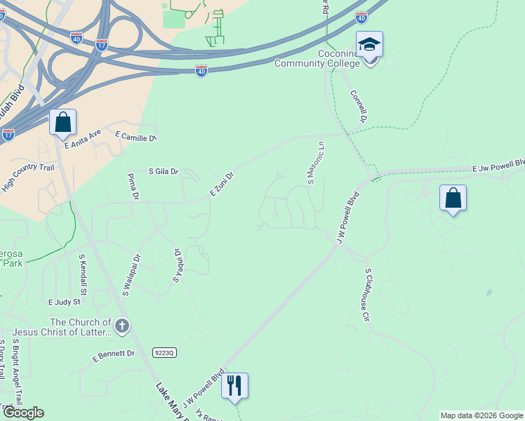 map of restaurants, bars, coffee shops, grocery stores, and more near 3199 South Hannah Lane in Flagstaff